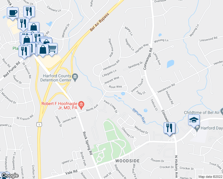 map of restaurants, bars, coffee shops, grocery stores, and more near 431 Rose Way in Bel Air