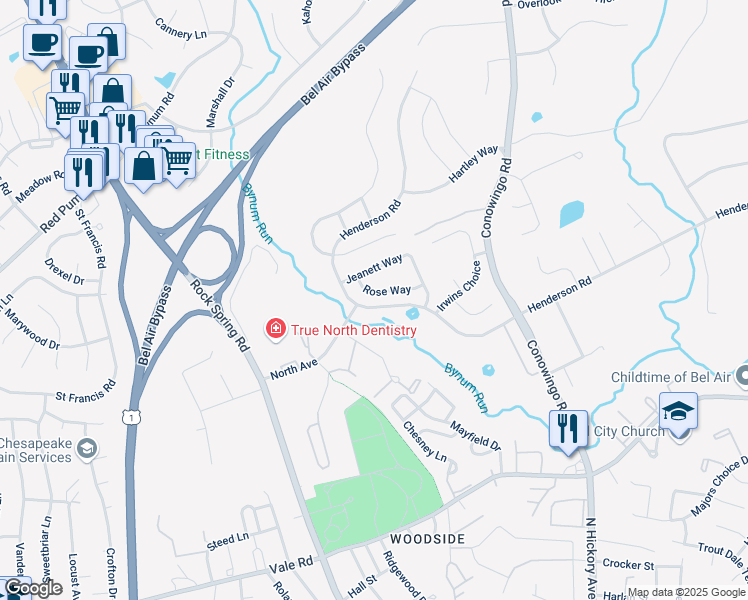 map of restaurants, bars, coffee shops, grocery stores, and more near 431 Rose Way in Bel Air