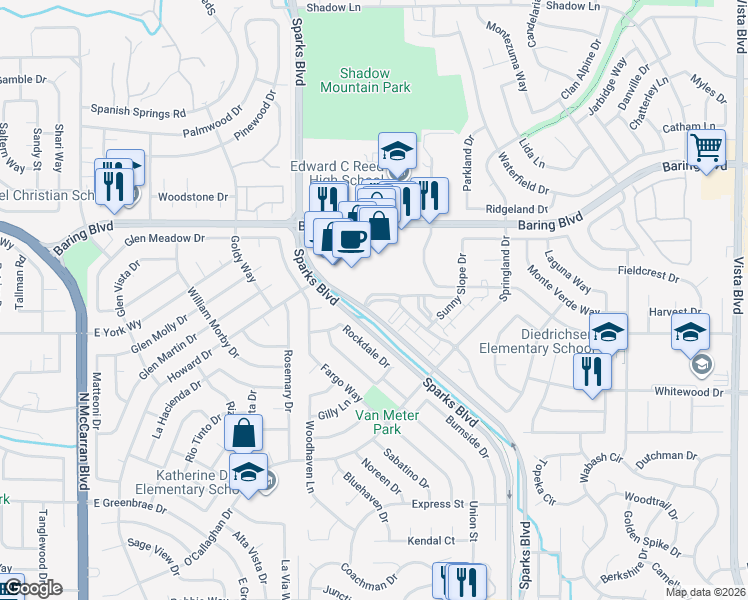 map of restaurants, bars, coffee shops, grocery stores, and more near 2665 Sycamore Glen Drive in Sparks