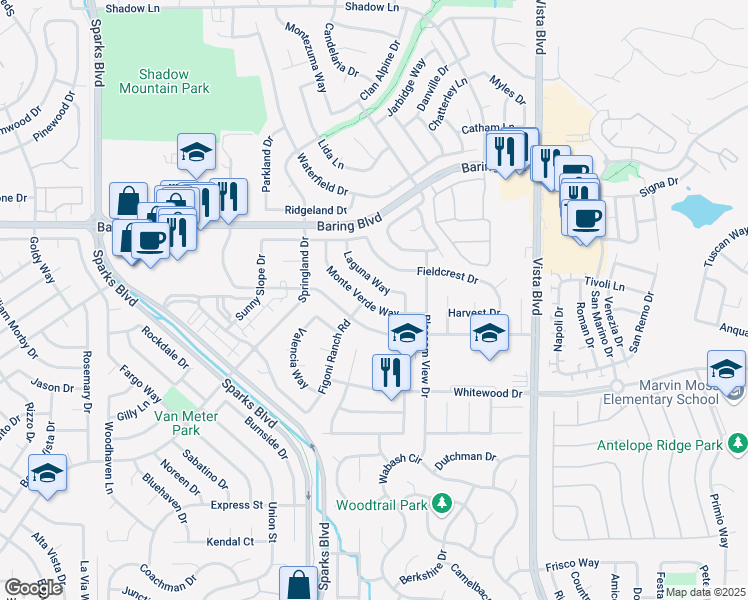 map of restaurants, bars, coffee shops, grocery stores, and more near 2582 Monte Verde Way in Sparks