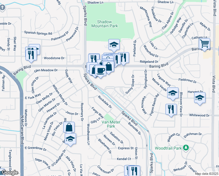 map of restaurants, bars, coffee shops, grocery stores, and more near 2665 Sycamore Glen Drive in Sparks