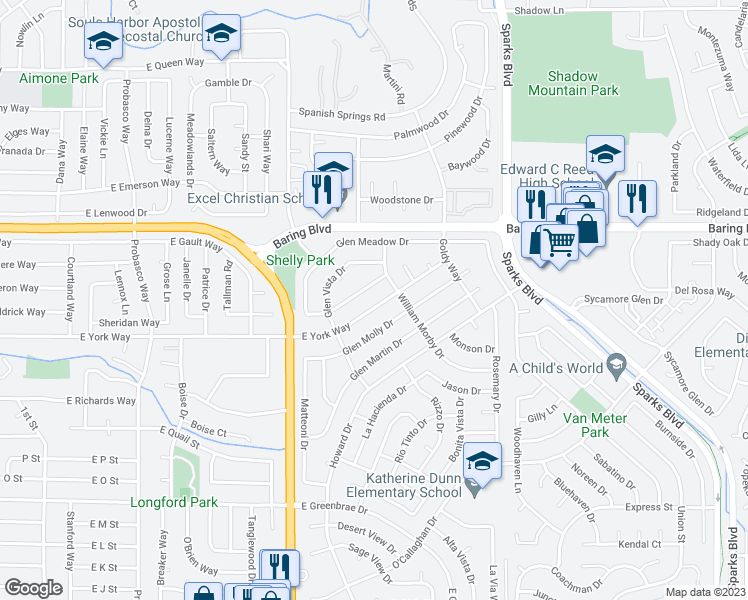 map of restaurants, bars, coffee shops, grocery stores, and more near 864 East York Way in Sparks