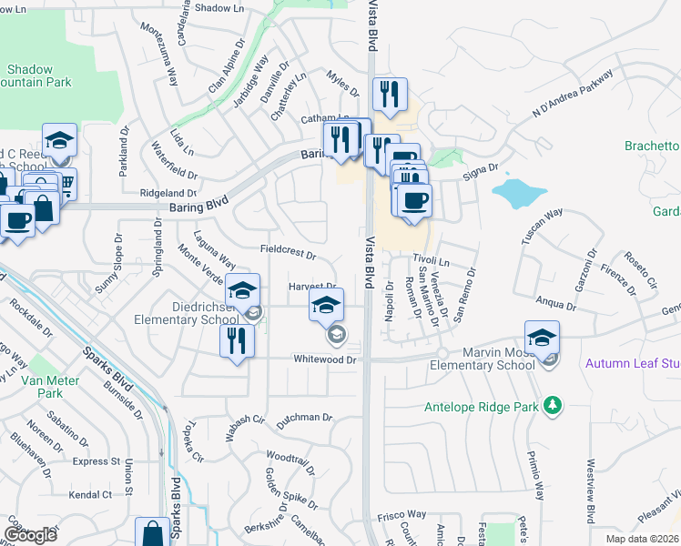 map of restaurants, bars, coffee shops, grocery stores, and more near 1942 Fieldcrest Drive in Sparks