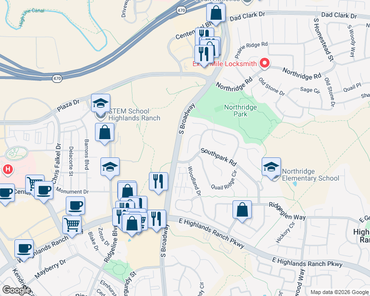 map of restaurants, bars, coffee shops, grocery stores, and more near 8990 South Coyote Street in Littleton