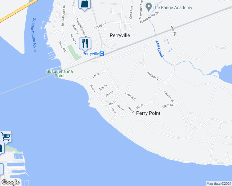 map of restaurants, bars, coffee shops, grocery stores, and more near 1120 3rd Street in Perryville