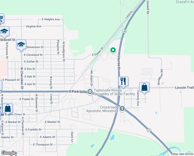 map of restaurants, bars, coffee shops, grocery stores, and more near 29 Kennedy Drive in Taylorville