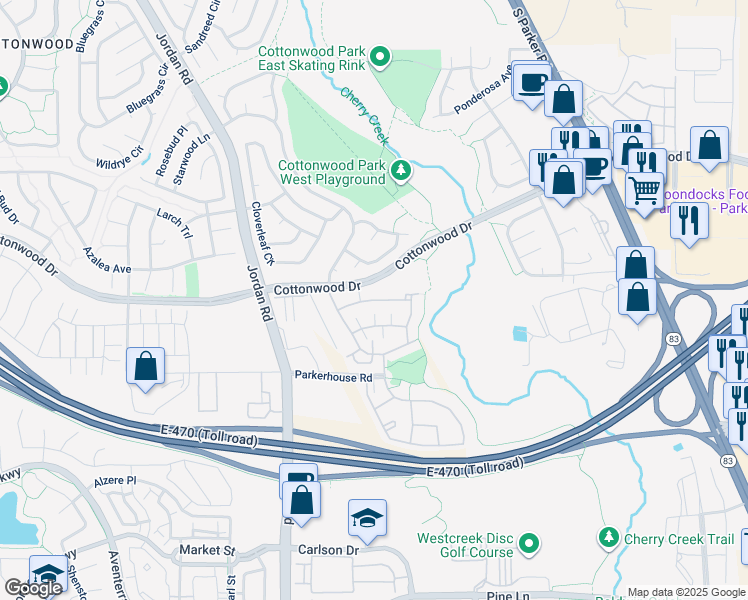 map of restaurants, bars, coffee shops, grocery stores, and more near 17175 Lark Water Lane in Parker
