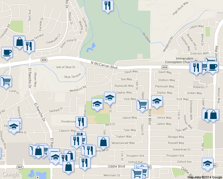 map of restaurants, bars, coffee shops, grocery stores, and more near 1789 Zephyr Way in Sparks