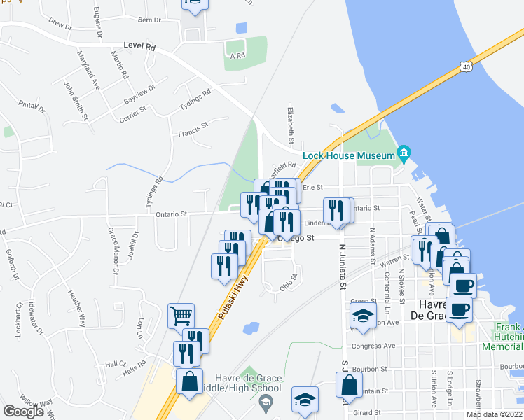 map of restaurants, bars, coffee shops, grocery stores, and more near 700 Ohio Street in Havre de Grace