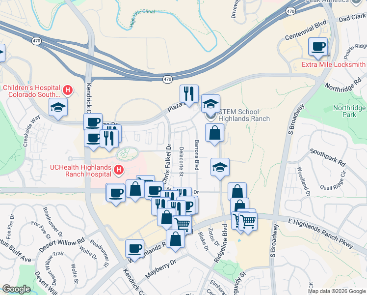 map of restaurants, bars, coffee shops, grocery stores, and more near 8955 Delacorte Street in Littleton