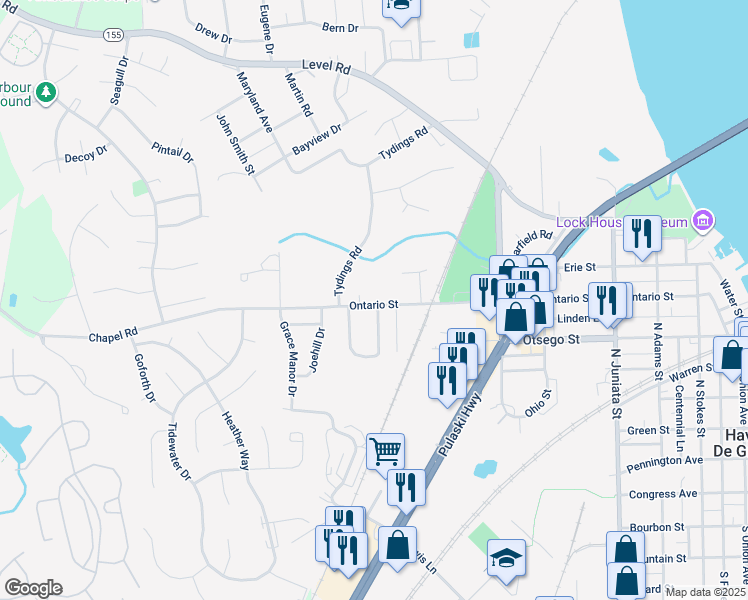 map of restaurants, bars, coffee shops, grocery stores, and more near 1303 Ontario Street in Havre de Grace