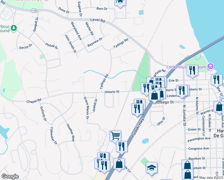 map of restaurants, bars, coffee shops, grocery stores, and more near 1303 Ontario Street in Havre de Grace
