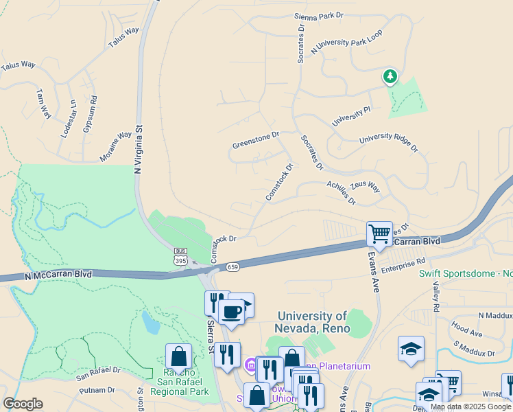 map of restaurants, bars, coffee shops, grocery stores, and more near 2960 Comstock Drive in Reno