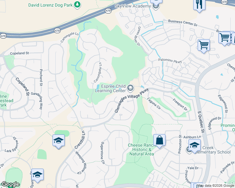 map of restaurants, bars, coffee shops, grocery stores, and more near 12 Stonehaven Court in Littleton