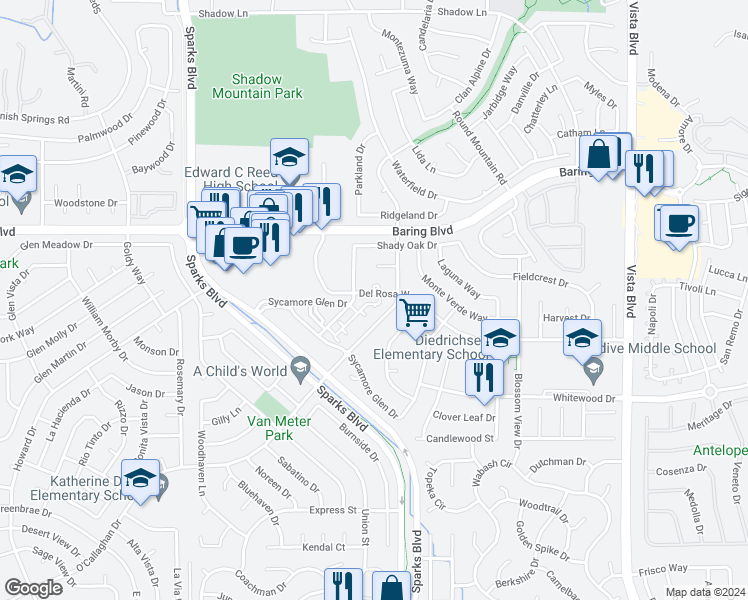 map of restaurants, bars, coffee shops, grocery stores, and more near 2624 Sunny Slope Drive in Sparks