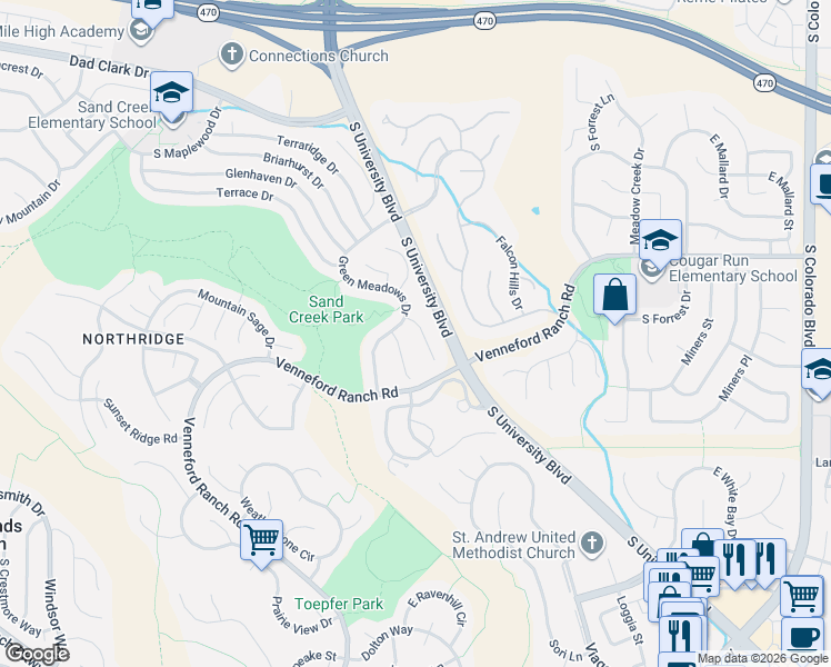 map of restaurants, bars, coffee shops, grocery stores, and more near 8927 Green Meadows Lane in Littleton