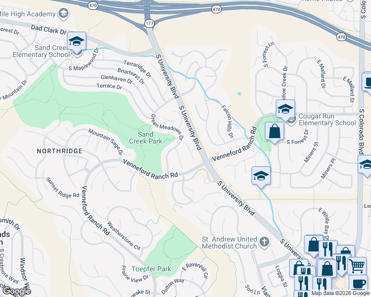 map of restaurants, bars, coffee shops, grocery stores, and more near 8968 Green Meadows Lane in Littleton