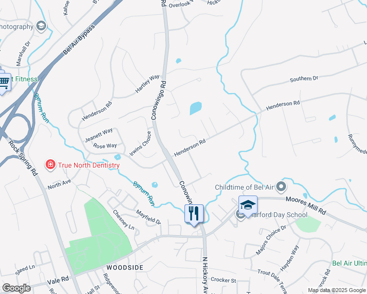 map of restaurants, bars, coffee shops, grocery stores, and more near 614 Henderson Road in Bel Air