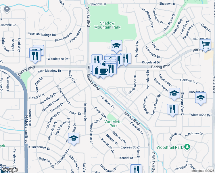 map of restaurants, bars, coffee shops, grocery stores, and more near 2665 Sycamore Glen Drive in Sparks