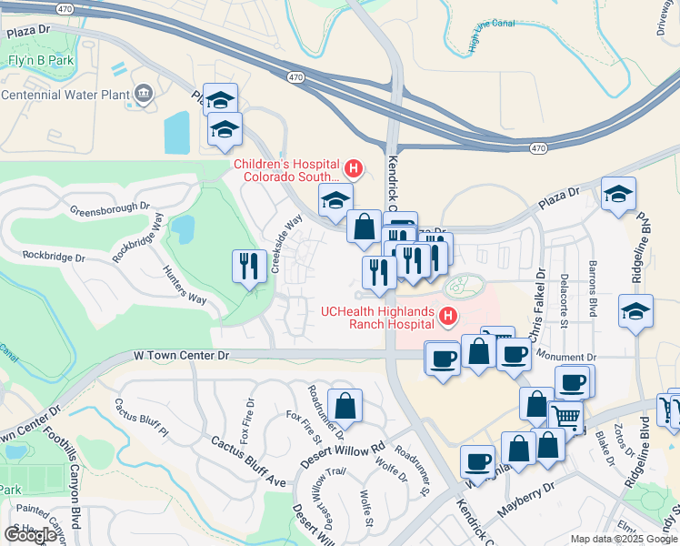 map of restaurants, bars, coffee shops, grocery stores, and more near 1805 Shea Center Drive in Littleton