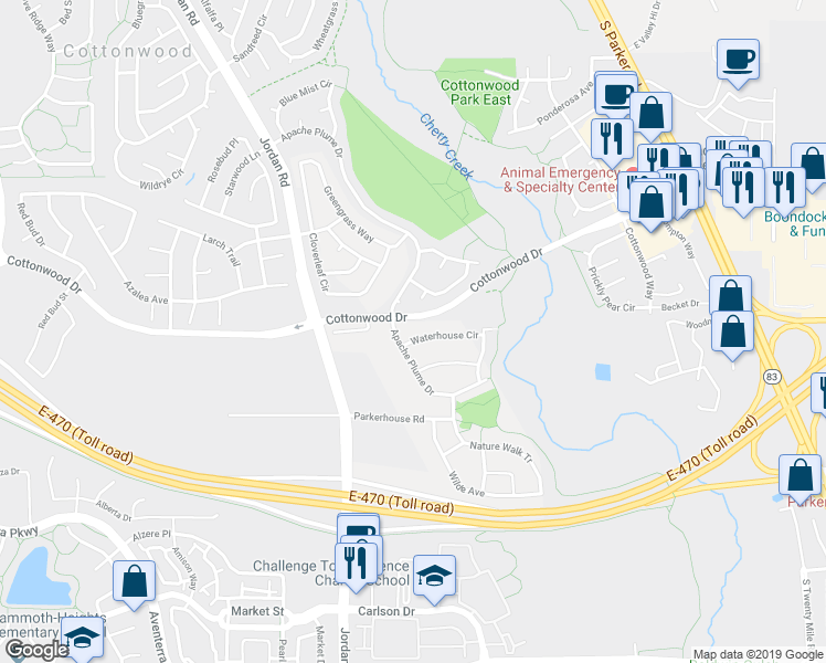 map of restaurants, bars, coffee shops, grocery stores, and more near 8983 Apache Plume Drive in Parker