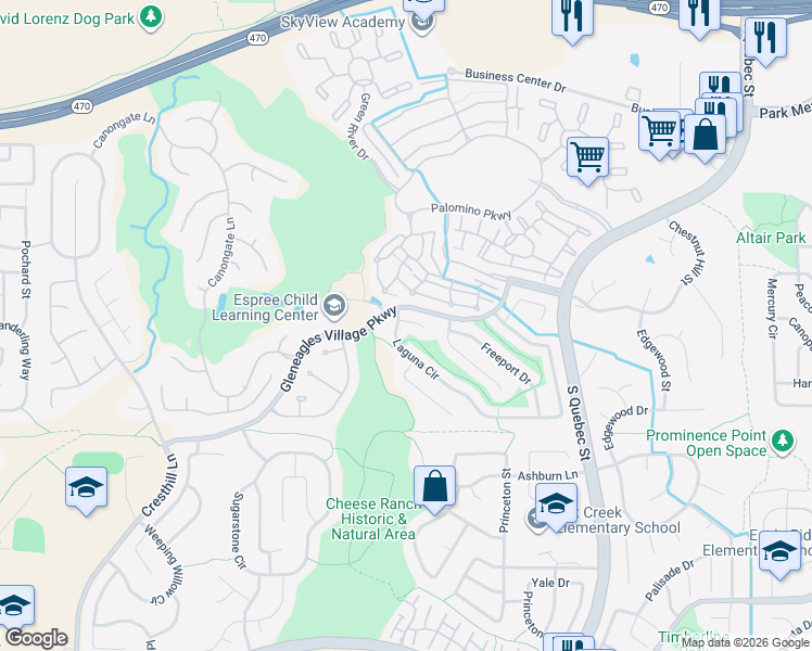 map of restaurants, bars, coffee shops, grocery stores, and more near 6243 Laguna Circle in Littleton