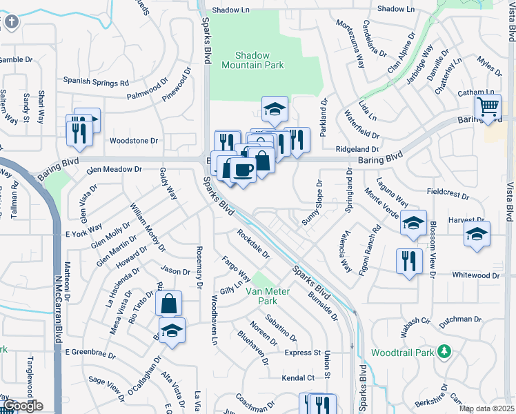 map of restaurants, bars, coffee shops, grocery stores, and more near 2665 Sycamore Glen Drive in Sparks