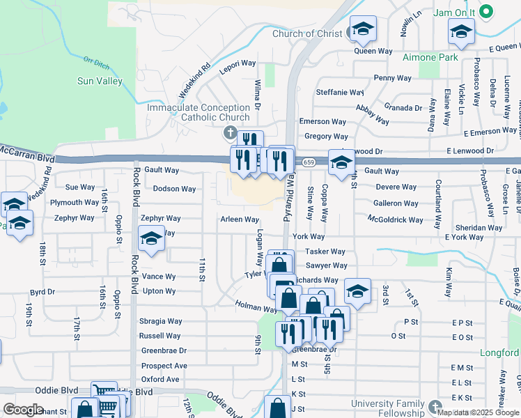 map of restaurants, bars, coffee shops, grocery stores, and more near 2490 Logan Way in Sparks