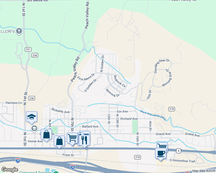 map of restaurants, bars, coffee shops, grocery stores, and more near 298 Fieldstone Court in Silt