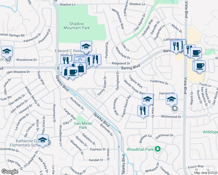 map of restaurants, bars, coffee shops, grocery stores, and more near 2624 Sunny Slope Drive in Sparks