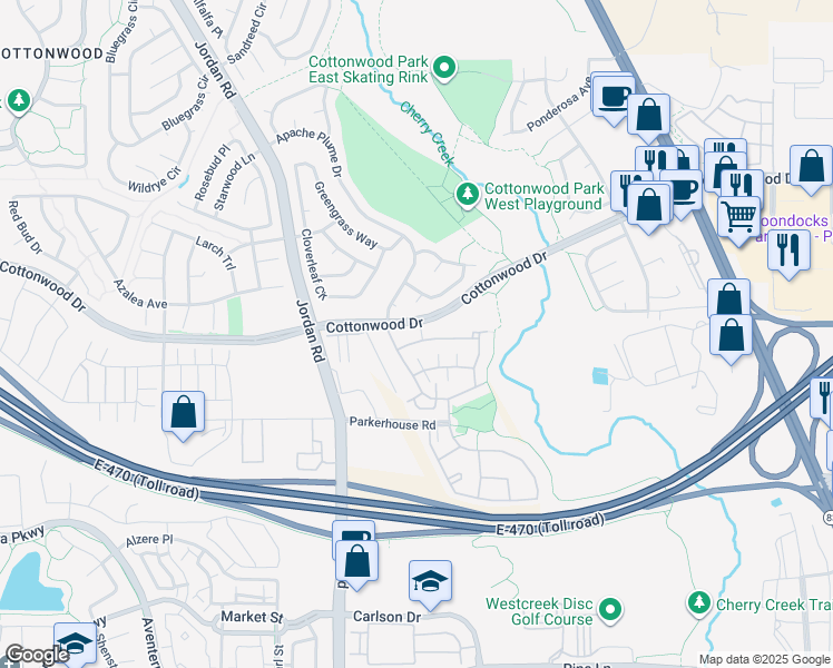 map of restaurants, bars, coffee shops, grocery stores, and more near 17145 Waterhouse Circle in Parker