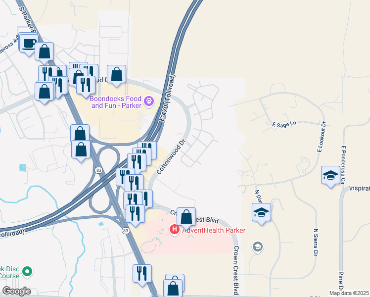 map of restaurants, bars, coffee shops, grocery stores, and more near 19271 Cottonwood Drive in Parker