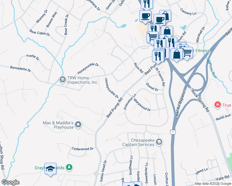 map of restaurants, bars, coffee shops, grocery stores, and more near 1505 Honeysuckle Drive in Bel Air