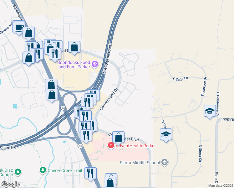 map of restaurants, bars, coffee shops, grocery stores, and more near 19255 Cottonwood Drive in Parker