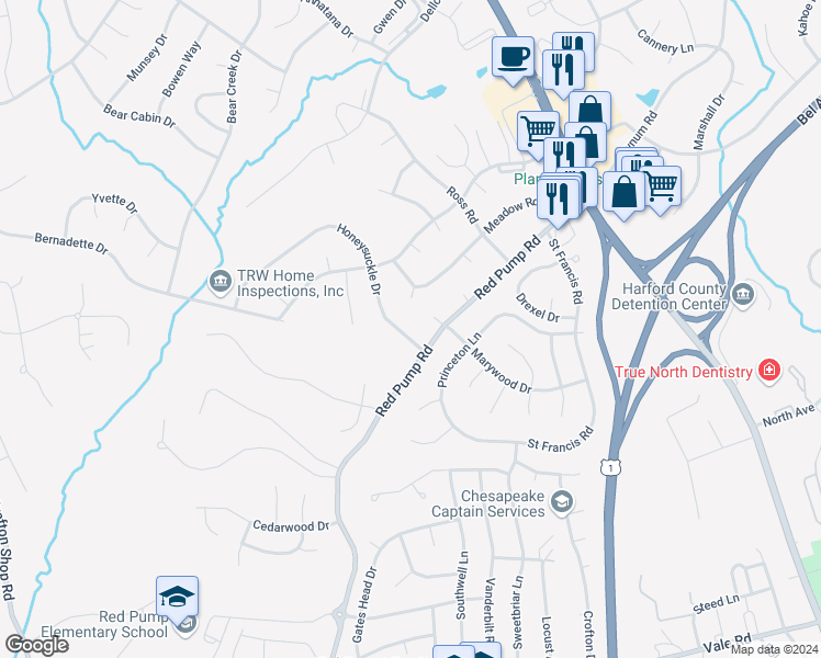 map of restaurants, bars, coffee shops, grocery stores, and more near 1505 Honeysuckle Drive in Bel Air