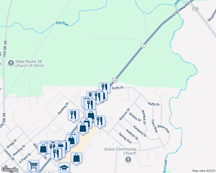 map of restaurants, bars, coffee shops, grocery stores, and more near 2085 U.S. 62 in Washington Court House