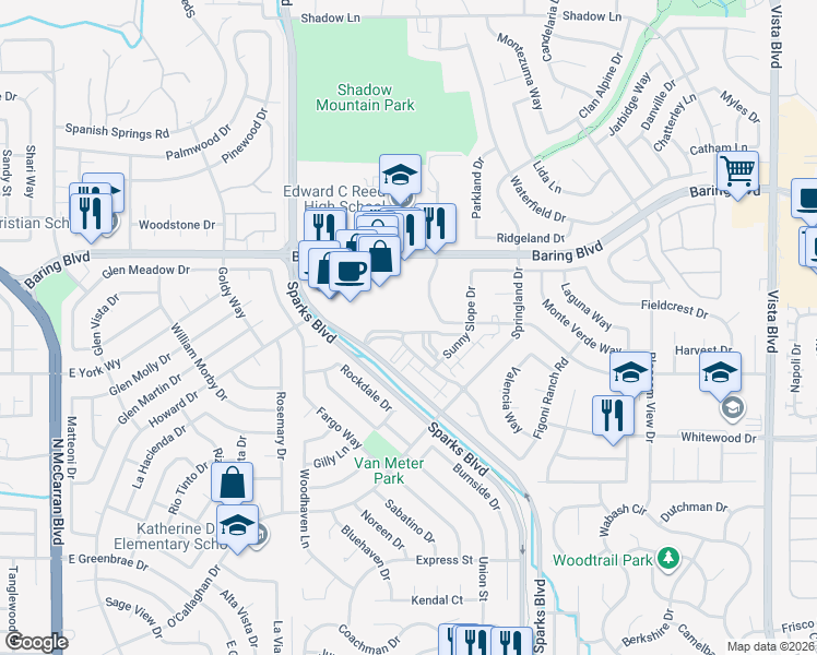 map of restaurants, bars, coffee shops, grocery stores, and more near 2651 Sycamore Glen Drive in Sparks