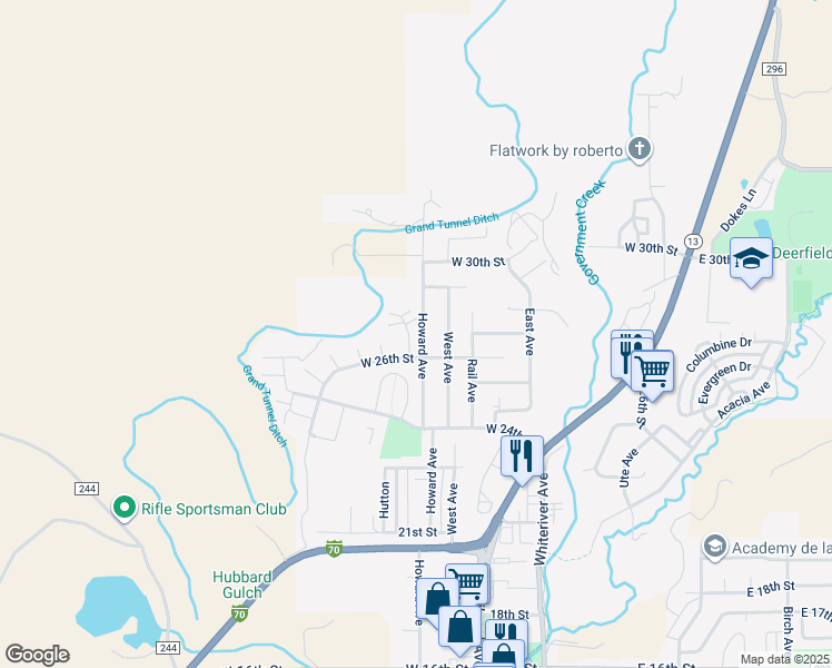 map of restaurants, bars, coffee shops, grocery stores, and more near 2614 Shawnee Court in Rifle