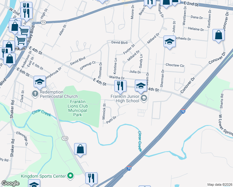 map of restaurants, bars, coffee shops, grocery stores, and more near 75 Harding Court in Franklin