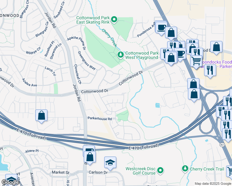map of restaurants, bars, coffee shops, grocery stores, and more near 17358 Waterhouse Circle in Parker