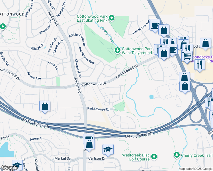 map of restaurants, bars, coffee shops, grocery stores, and more near 17175 Lark Water Lane in Parker