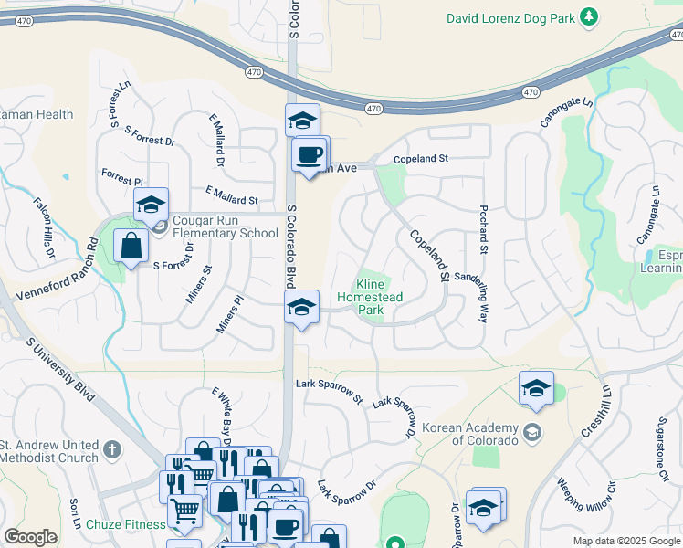 map of restaurants, bars, coffee shops, grocery stores, and more near 8962 Kittiwake Street in Littleton
