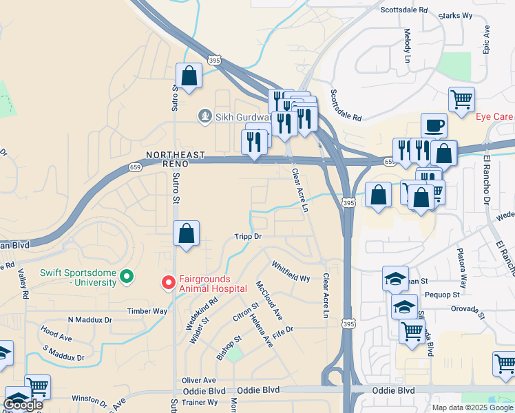 map of restaurants, bars, coffee shops, grocery stores, and more near 1548 Steelwood Lane in Reno