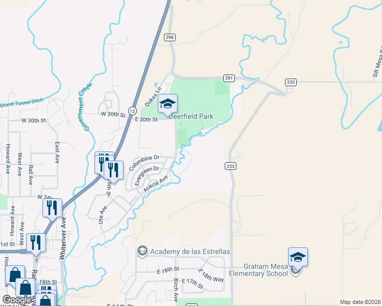 map of restaurants, bars, coffee shops, grocery stores, and more near 2701-2799 Rifle Creek Ct in Rifle