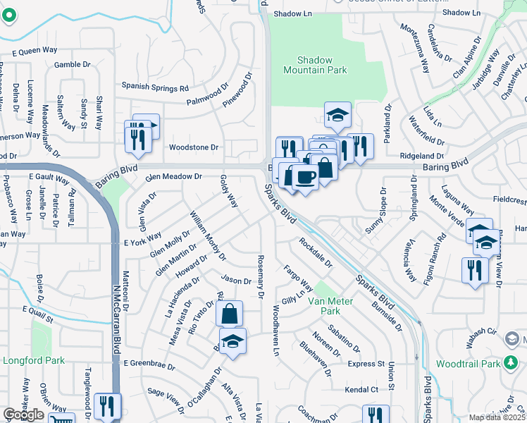map of restaurants, bars, coffee shops, grocery stores, and more near 2685 Howard Drive in Sparks
