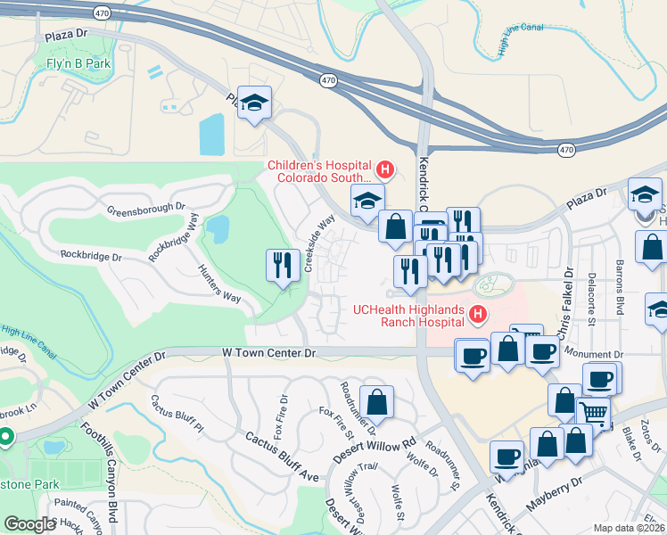 map of restaurants, bars, coffee shops, grocery stores, and more near 8876 Edinburgh Circle in Highlands Ranch