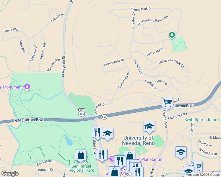 map of restaurants, bars, coffee shops, grocery stores, and more near 645 Kane Court in Reno