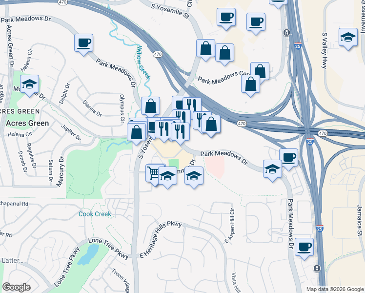 map of restaurants, bars, coffee shops, grocery stores, and more near Park Meadows Drive in Lone Tree