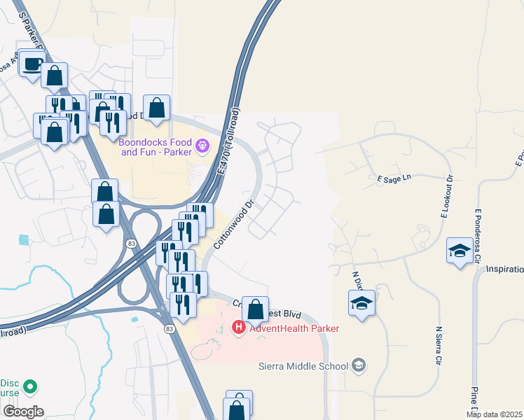 map of restaurants, bars, coffee shops, grocery stores, and more near 19255 Cottonwood Drive in Parker