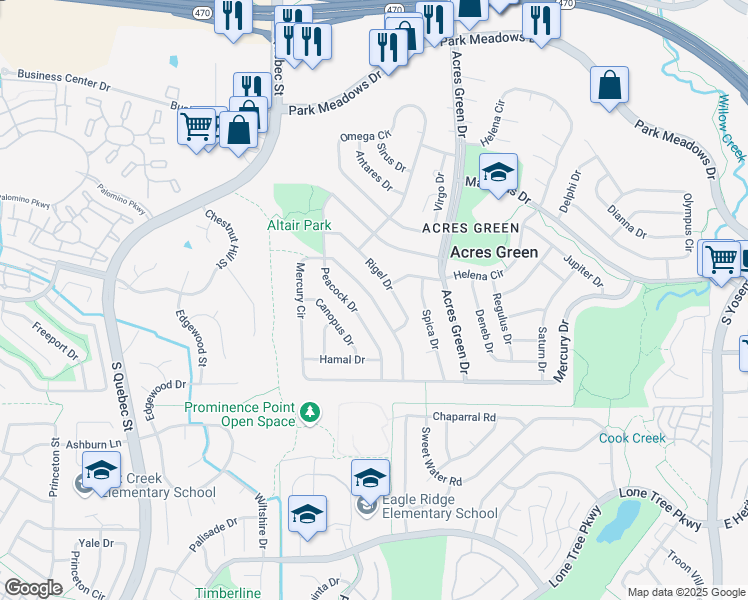 map of restaurants, bars, coffee shops, grocery stores, and more near 945 Mercury Circle in Lone Tree